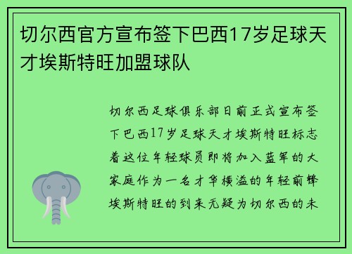切尔西官方宣布签下巴西17岁足球天才埃斯特旺加盟球队